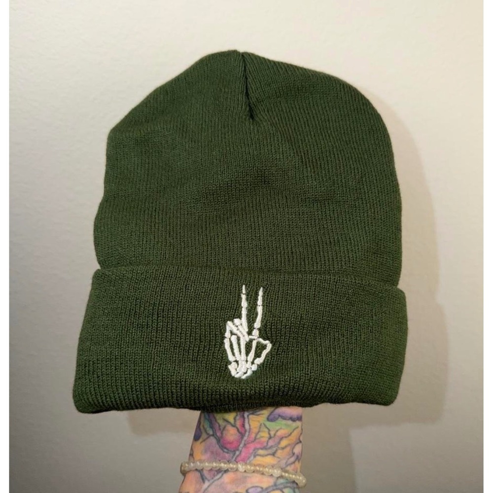 Skeleton Hand Peace Sign Beanie Dark Olive Green Embroidered Knit Cuffed Hat
